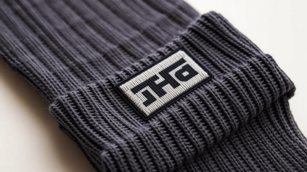 Macro close-up of a custom jacquard knit-in logo with woven hem label on a navy combed cotton crew sock, showing fine stitch definition for subscription box quality