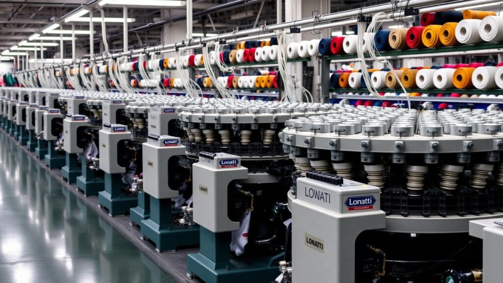 Rows of Lonati 168N circular knitting machines on a B2B sock factory floor producing custom branded crew socks for a subscription box program