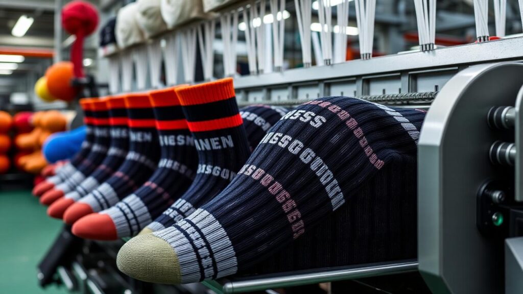 Basketball sock production on circular knitting machines with team-colour yarn cones